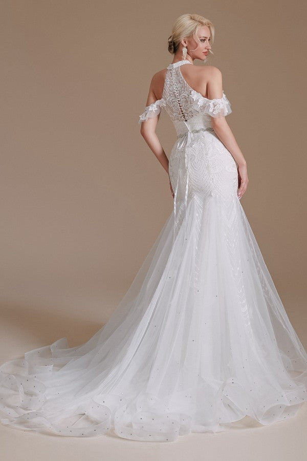 Elegante vestido de novia largo de sirena con cuello halter de tul hasta el suelo con apliques de encaje