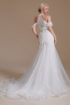Elegante vestido de novia largo de sirena con cuello halter de tul hasta el suelo con apliques de encaje