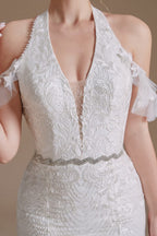 Elegante vestido de novia largo de sirena con cuello halter de tul hasta el suelo con apliques de encaje