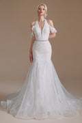 Elegante vestido de novia largo de sirena con cuello halter de tul hasta el suelo con apliques de encaje