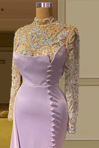 Elegant Long Mermaid High Neck Lace Beading Prom Dress With Long Sleeves