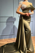 Elegante vestido de fiesta de sirena largo con cuello alto y encaje satinado con mangas