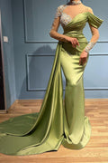 Elegante vestido de fiesta de sirena largo con cuello alto y encaje satinado con mangas