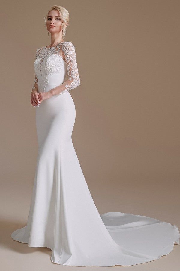 Elegantes langes Meerjungfrau-Brautkleid aus Satin mit Juwelenspitze und Ärmeln