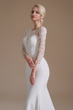 Elegantes langes Meerjungfrau-Brautkleid aus Satin mit Juwelenspitze und Ärmeln