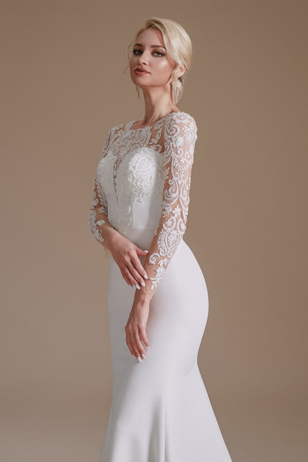 Elegantes langes Meerjungfrau-Brautkleid aus Satin mit Juwelenspitze und Ärmeln