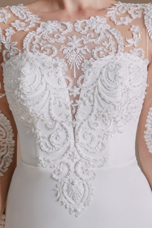 Elegantes langes Meerjungfrau-Brautkleid aus Satin mit Juwelenspitze und Ärmeln