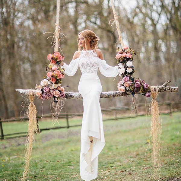 Elegant Long Mermaid Lace Chiffon Wedding Dress with Sleeves