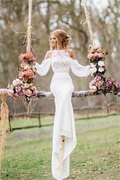 Elegant Long Mermaid Lace Chiffon Wedding Dress with Sleeves