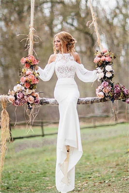 Elegant Long Mermaid Lace Chiffon Wedding Dress with Sleeves
