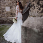 Elegante lange Meerjungfrau-Brautkleider mit offenem Rücken und Ärmeln