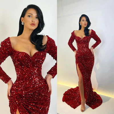 Elegante vestido de fiesta largo de sirena con mangas largas y lentejuelas y abertura