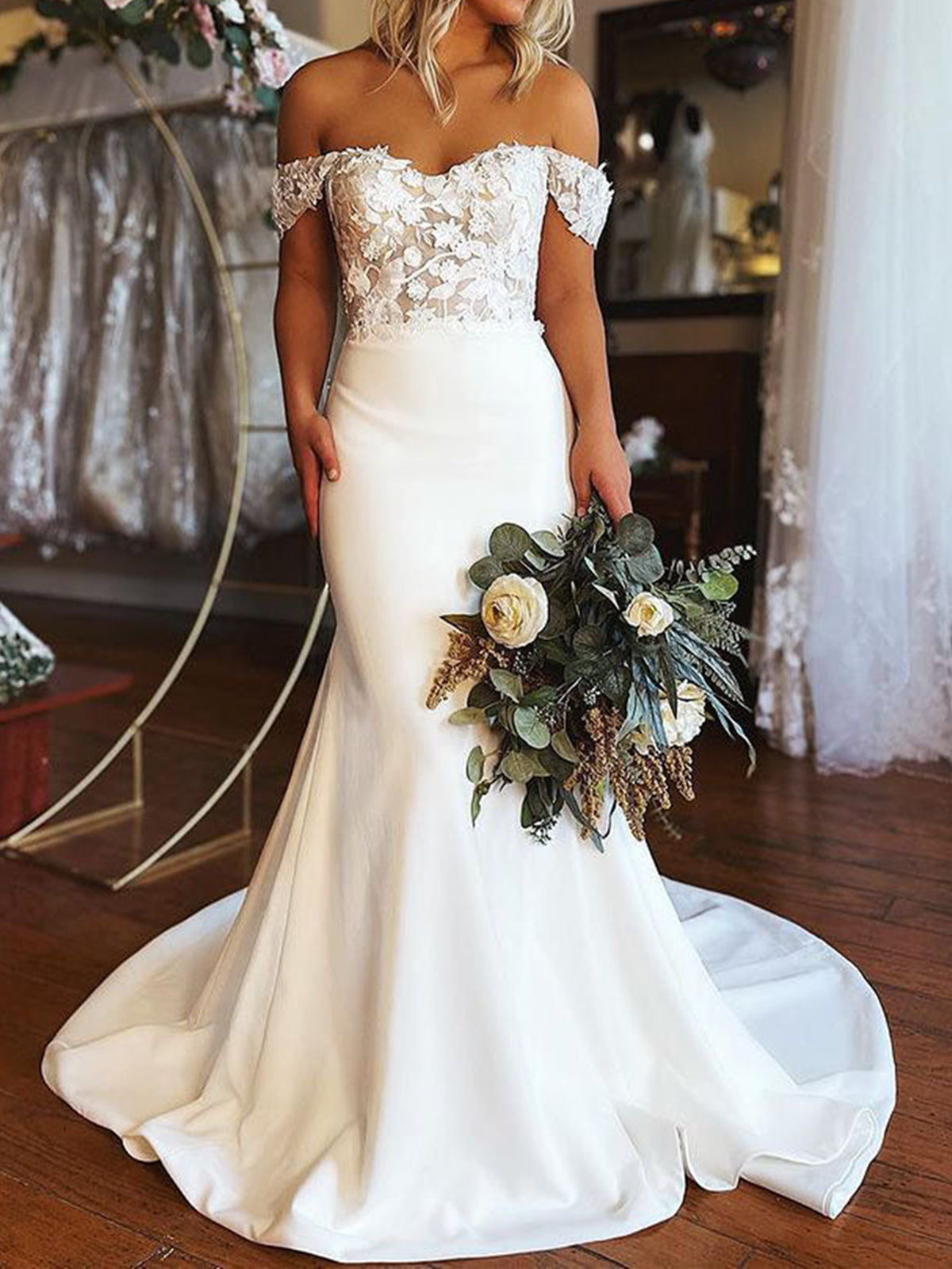 Elegant Long Mermaid Off the Shoulder Satin Lace Wedding Dresses