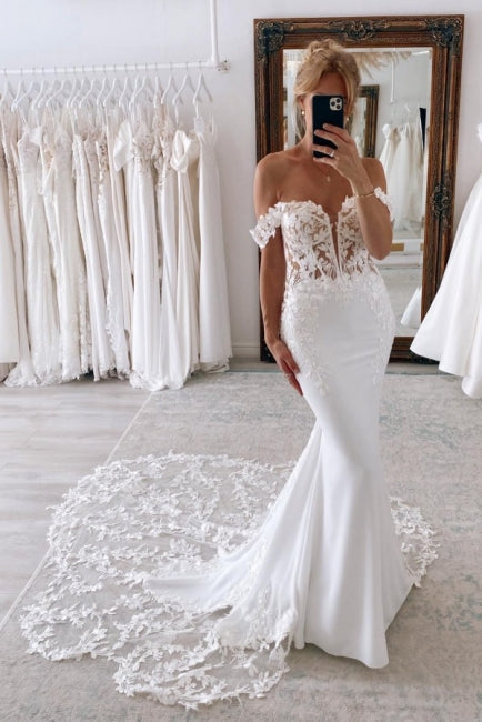 Elegante Lange Meerjungfrau Off-the-Shoulder Brautkleider Mit Spitze