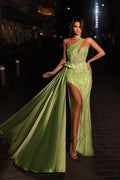 Elegante vestido de fiesta largo de sirena con un solo hombro, de encaje, sin mangas y con abertura