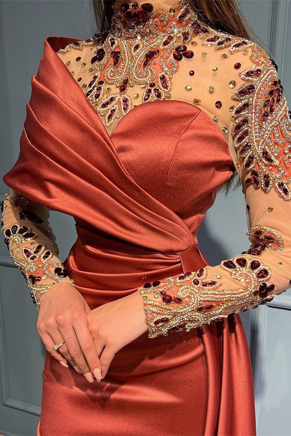 Elegantes langes Meerjungfrau-Abschlussballkleid mit einer Schulter, Rüschen, Satin und Perlenbesatz