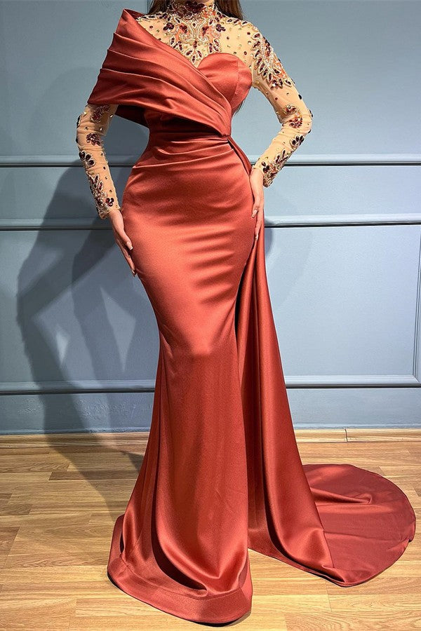 Elegantes langes Meerjungfrau-Abschlussballkleid mit einer Schulter, Rüschen, Satin und Perlenbesatz