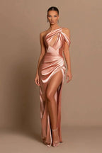 Elegantes langes Meerjungfrau-Abendkleid aus Satin mit einer Schulter und Schlitz