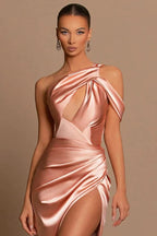 Elegantes langes Meerjungfrau-Abendkleid aus Satin mit einer Schulter und Schlitz