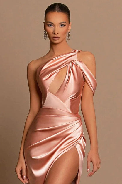 Elegant Long Mermaid One Shoulder Satin Formal Prom Dress With Slit