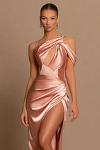 Elegantes langes Meerjungfrau-Abendkleid aus Satin mit einer Schulter und Schlitz