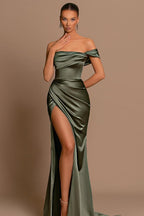 Elegantes langes Meerjungfrau-Abendkleid mit einer Schulter aus Satin mit Schlitz