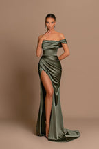 Elegantes langes Meerjungfrau-Abendkleid mit einer Schulter aus Satin mit Schlitz