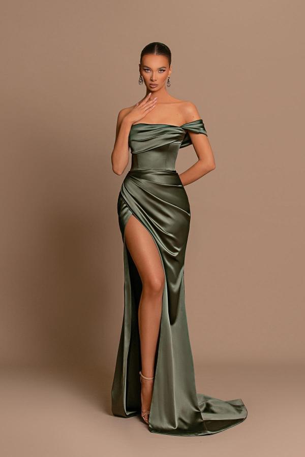 Elegantes langes Meerjungfrau-Abendkleid mit einer Schulter aus Satin mit Schlitz
