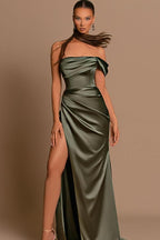 Elegantes langes Meerjungfrau-Abendkleid mit einer Schulter aus Satin mit Schlitz
