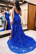 Elegante vestido de fiesta largo de sirena azul real con escote en V, sin mangas y encaje con abertura