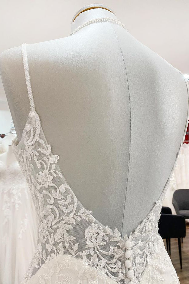 Vestido de novia elegante de sirena con tirantes finos, encaje, satén y espalda abierta