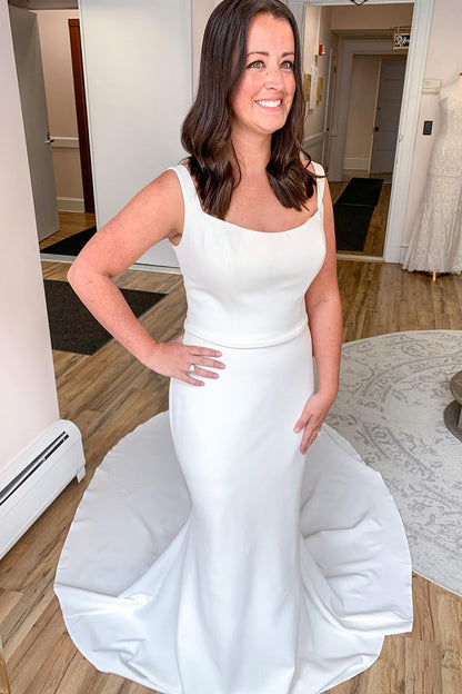 Elegant Long Mermaid Spaghetti Straps Satin Open Back Wedding Dress