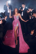 Elegante vestido de fiesta formal de sirena con tirantes finos, lentejuelas y abertura