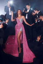 Elegante vestido de fiesta formal de sirena con tirantes finos, lentejuelas y abertura