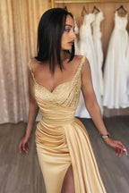 Elegantes langes Meerjungfrau-Abendkleid mit Spaghettiträgern und Pailletten, ärmellos, mit Schlitz