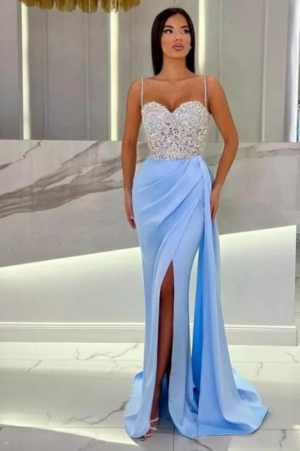 Elegantes langes Meerjungfrau-Abschlussballkleid mit Spaghettiträgern und herzförmigem Ausschnitt und Glitzer