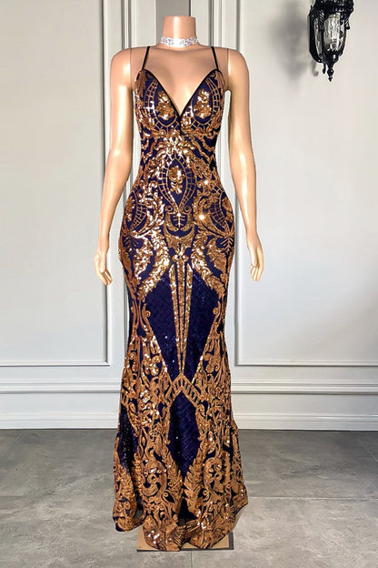 Elegante vestido de fiesta largo de sirena con tirantes finos, escote en V y encaje sin mangas