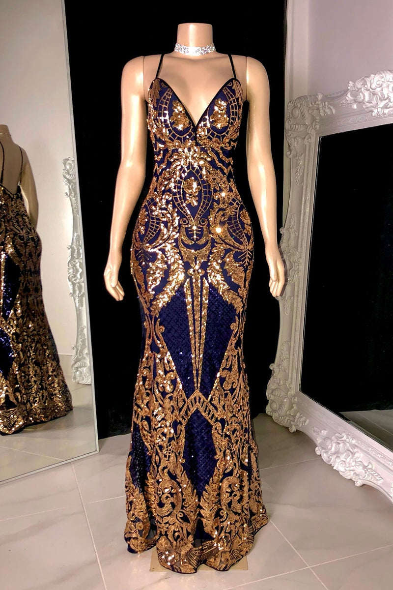 Elegante vestido de fiesta largo de sirena con tirantes finos, escote en V y encaje sin mangas