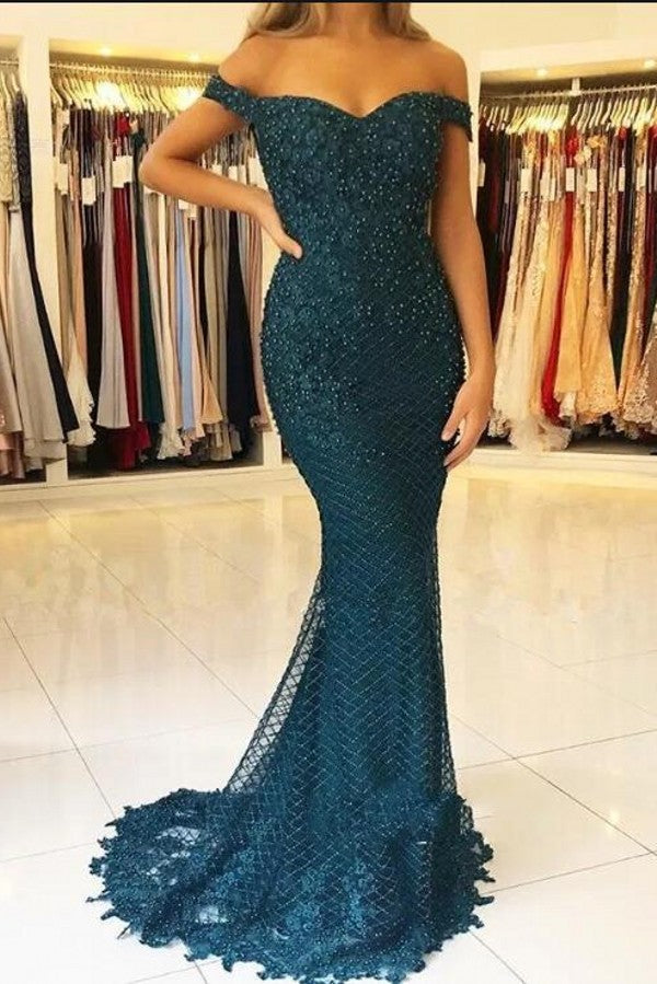 Elegantes langes Meerjungfrau-Abendkleid aus Tüll mit Herzausschnitt und schulterfreiem Schnitt