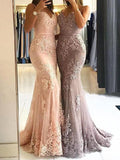 Elegantes langes Meerjungfrau-Abendkleid mit Herzausschnitt und Spaghettiträgern und Spitzenapplikationen
