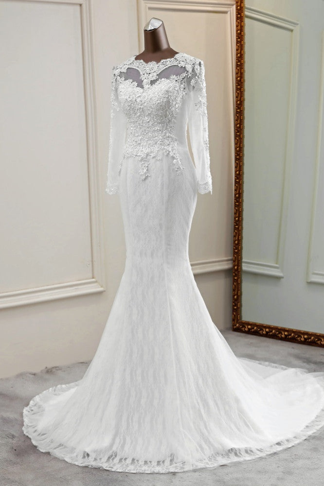 Elegant Long Mermaid Tulle Jewel Wedding Dress with Sleeves