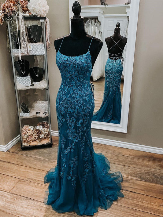 Elegante vestido de fiesta formal de sirena largo de tul con espalda abierta y encaje