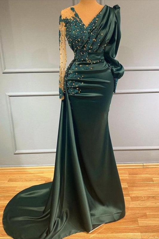 Elegantes langes Meerjungfrau-Abendkleid aus Satin mit V-Ausschnitt in Dunkelgrün