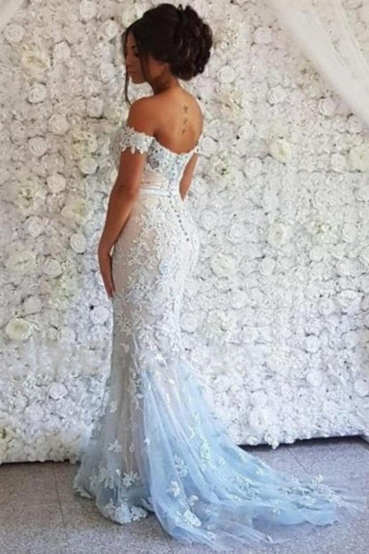 Elegantes vestidos de fiesta largos de sirena con hombros descubiertos y encaje con purpurina