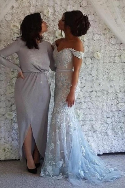 Elegantes vestidos de fiesta largos de sirena con hombros descubiertos y encaje con purpurina