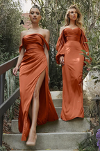 Elegante vestido de dama de honor largo de satén con hombros descubiertos y abertura sencilla