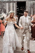 Elegant Long Off-the-Shoulder Tulle Floral Lace Wedding Dress