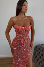 Elegante Lange Rosa Sexy Trägerlosen Ärmellosen Meerjungfrau Ballkleider Mit Strass