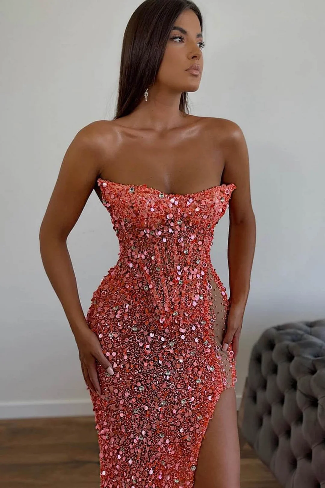 Elegante Lange Rosa Sexy Trägerlosen Ärmellosen Meerjungfrau Ballkleider Mit Strass