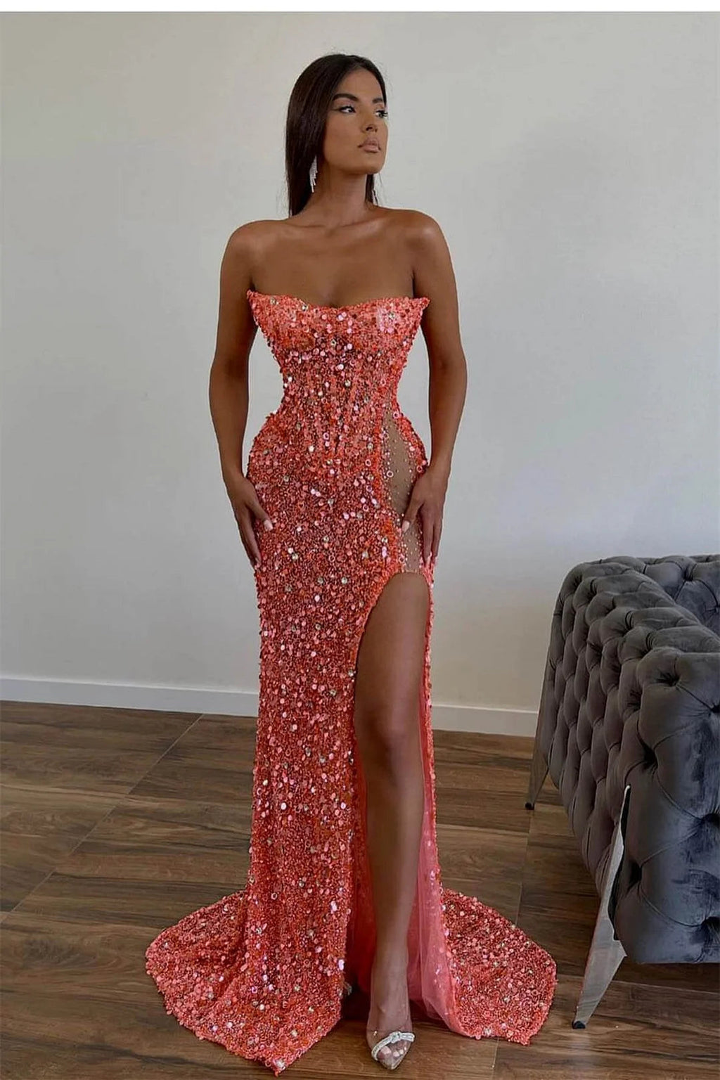 Elegante Lange Rosa Sexy Trägerlosen Ärmellosen Meerjungfrau Ballkleider Mit Strass